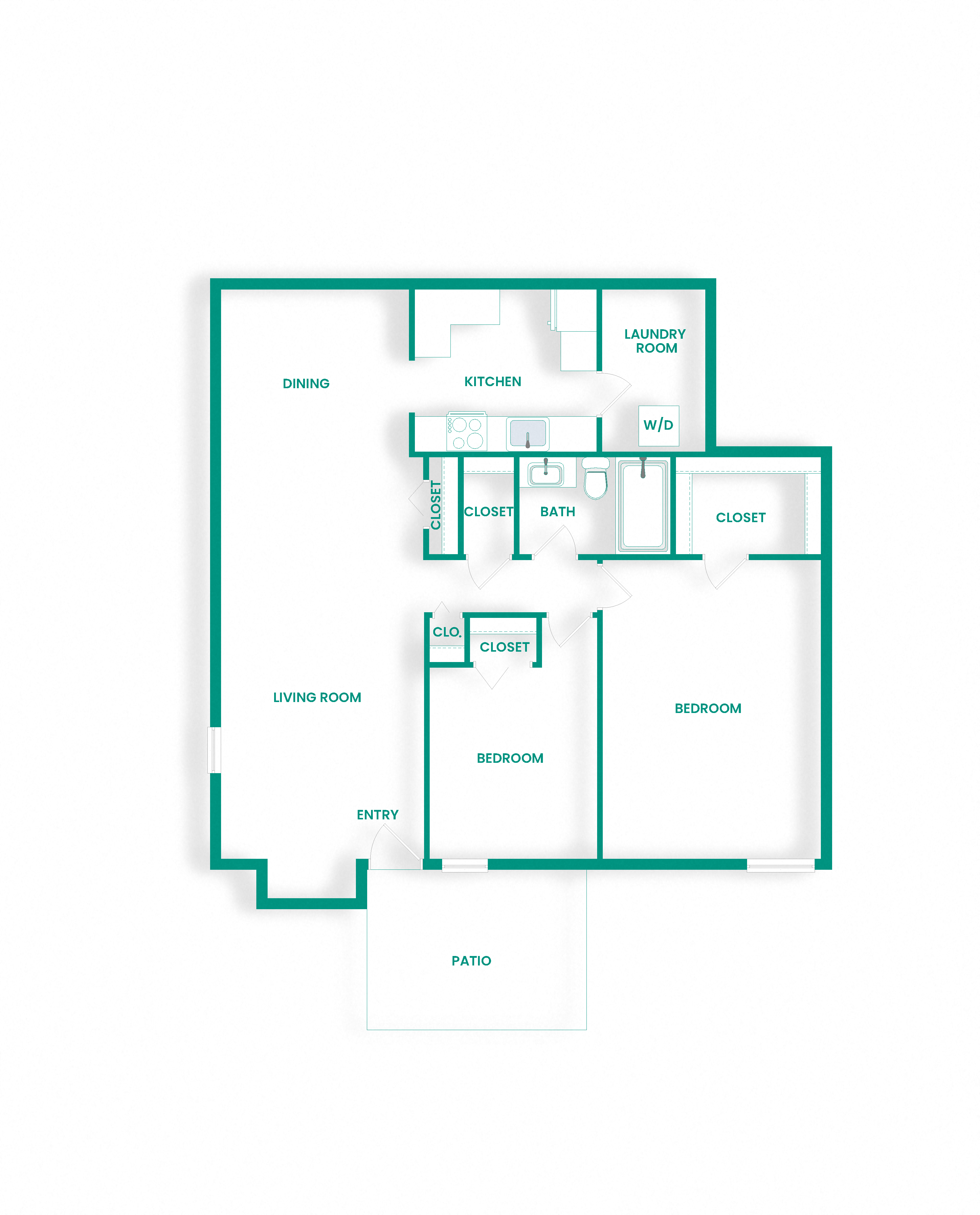 Floor plan for 2 beds, 1 bath, 1086 sqft
